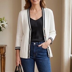 Chaps Cotton Cardigan Preppy Sweater Size PXL White Black Trim Cable Knit NWOT